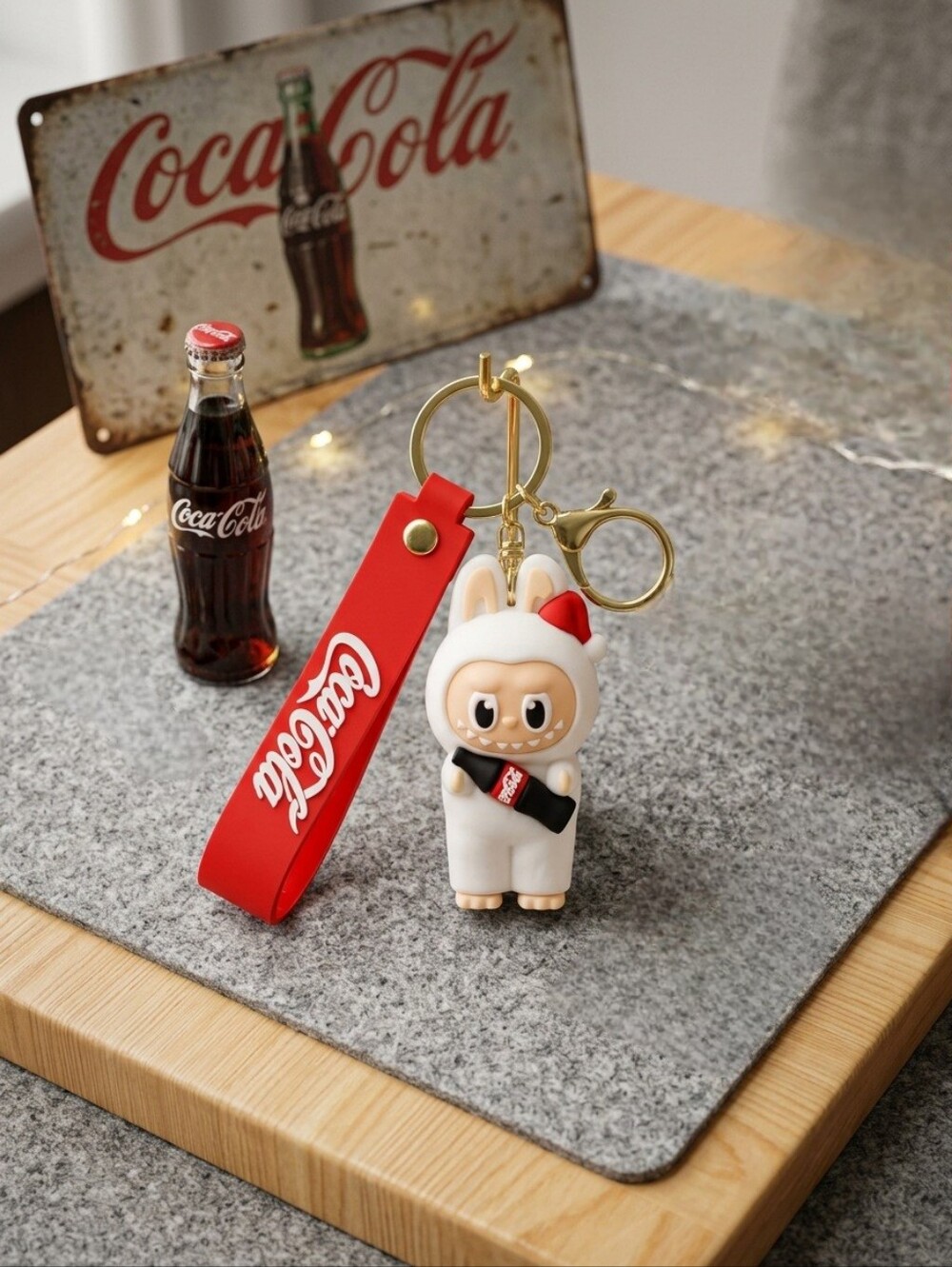 Coca Cola White Monster Charm Keychain with Red Logo Strap